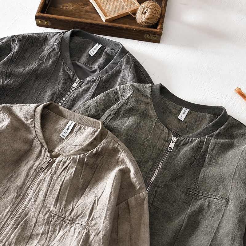 Autumn Retro Casual Solid Color Men's Versatile Loose Cotton And Linen Tops