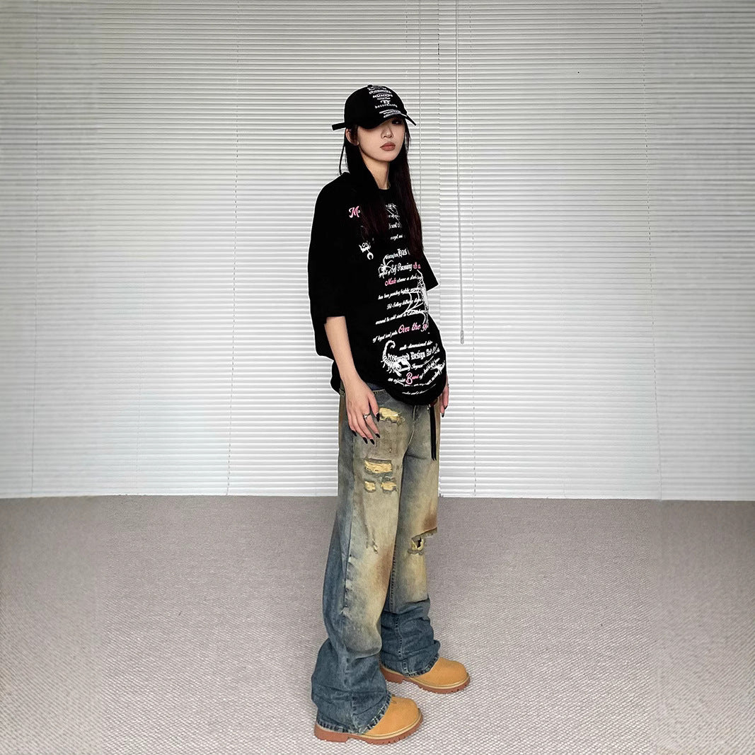 Niche Make Old Ripped Denim Fashion Brand Loose Straight Wide Leg Smart Trousers