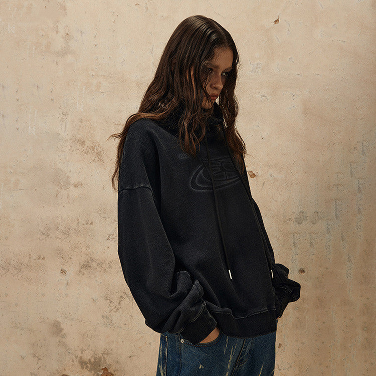 Washed Turtleneck Print Loose Retro Letter Terry Sweater