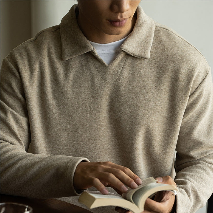 Woolen Drop-shoulder Sleeve V-neck Polo Shirt Men Casual Long Sleeve T-shirt