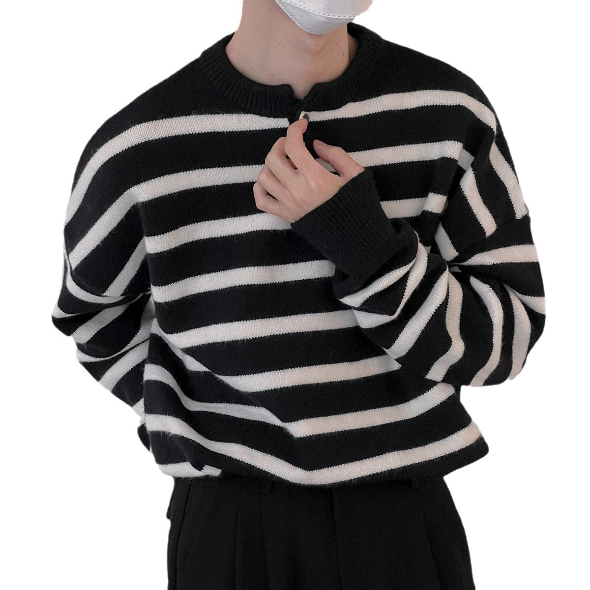 Textured Striped Sweater Boys Button Round Neck Autumn Leisure Sweater