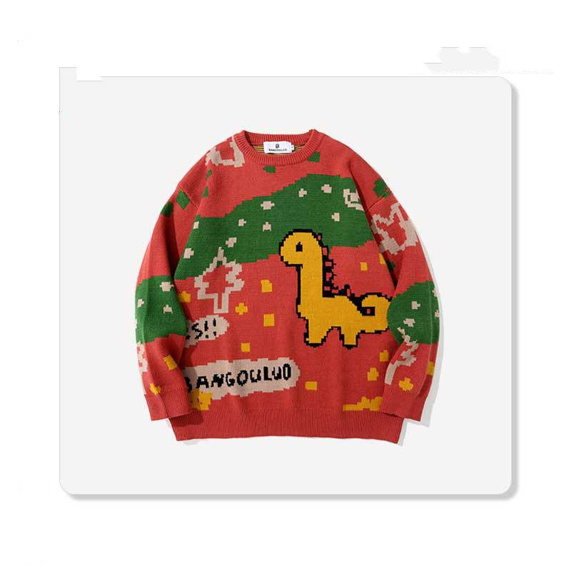 Men's Round Neck Dinosaur Print All-match Casual Loose Sweater
