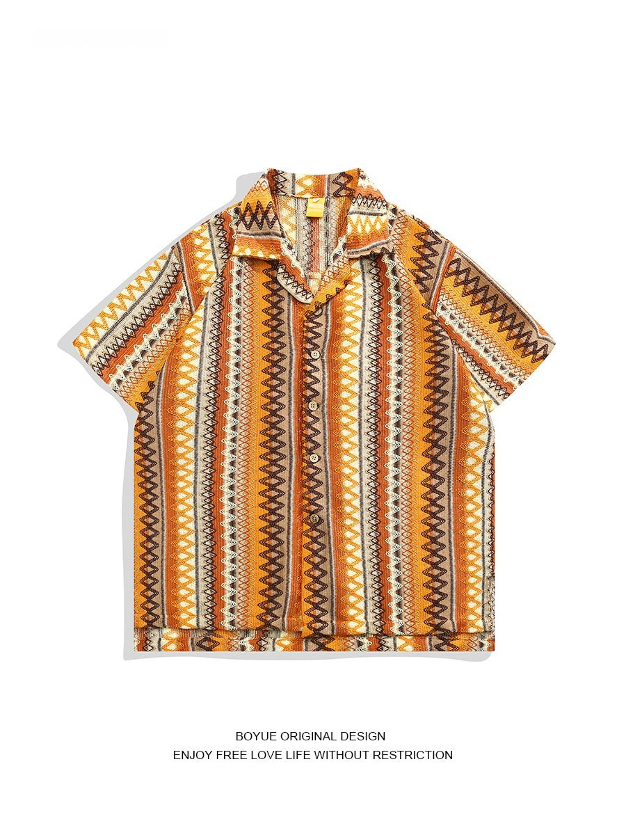 Ethnic Style Woven Contrast Color Cuban Collar Shirt