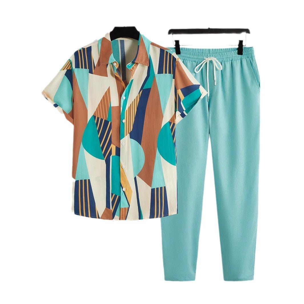 Casual Striped Short Sleeve Shirt Trousers Suit