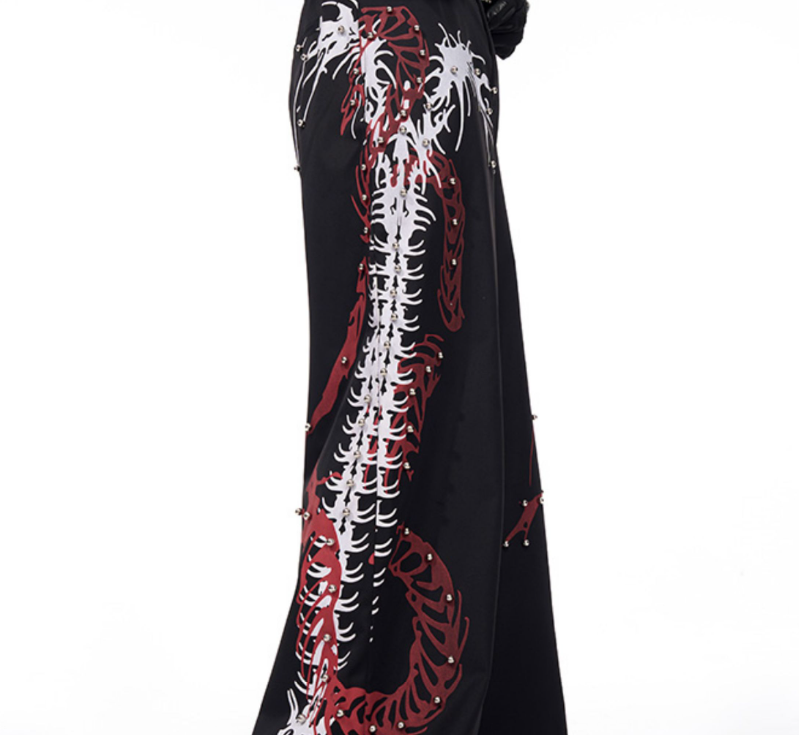 Rivet Snake-shaped Backbone Printed Black Suit Pants