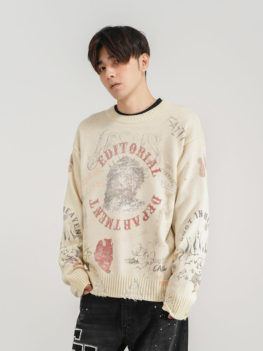 Printed Loose Pullover Men's And Women's National Trend Knit Sweater