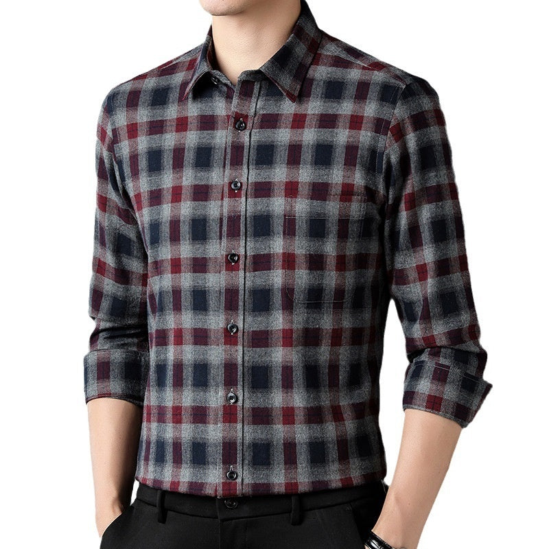Men's Spring And Autumn Coat Casual Cotton Brushed Plaid Shirt