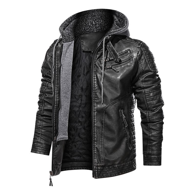 Men's PU Hooded Cotton Addition Leather Jacket Coat