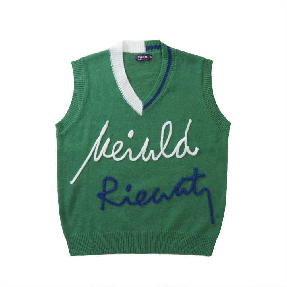 Contrast Color V-neck Sweater Vest Man Ins Woven Letter Sleeveless Knitted Vest