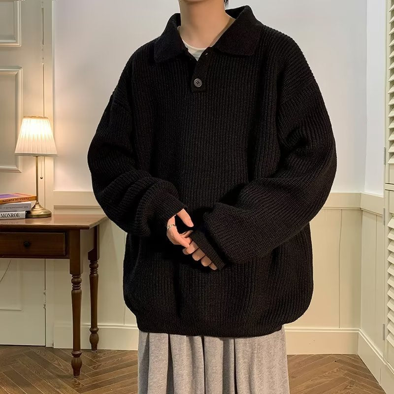 Polo Collar Sweater Men's American Retro Coffee Color High Sense Oversize Inner Sweater
