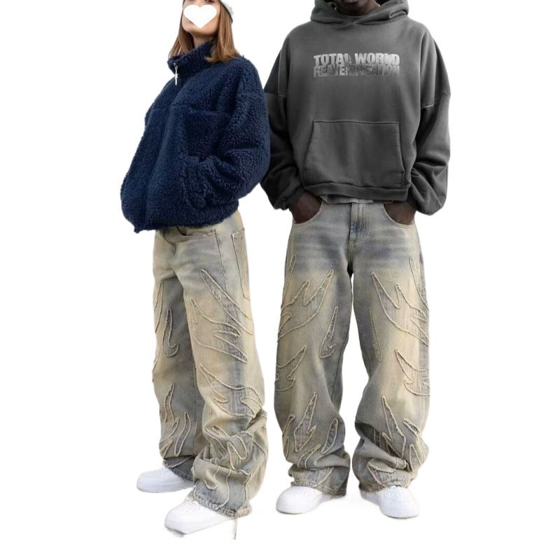 Loose Straight-leg Wide-leg Pants Mud Dyed Ripped Jeans For Men