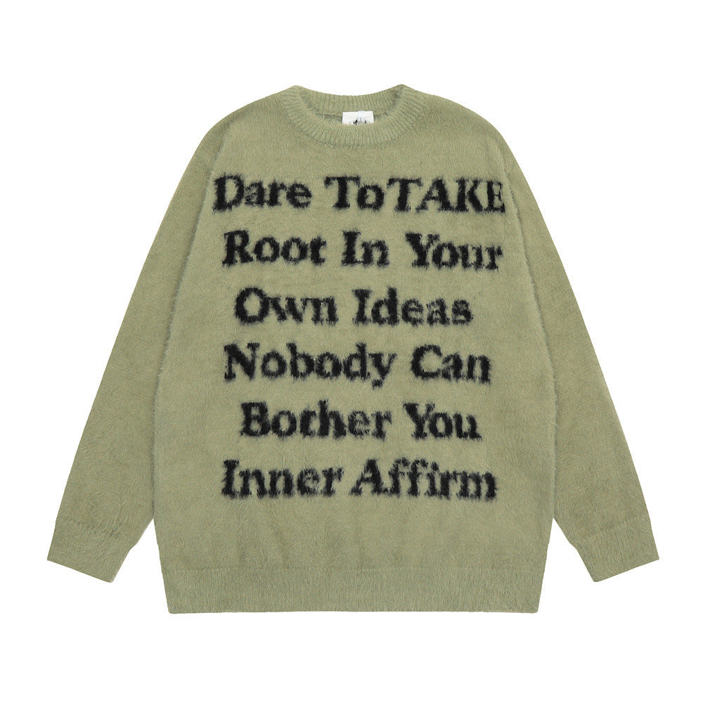 English Letter Crew Neck Velvet Padded Sweater