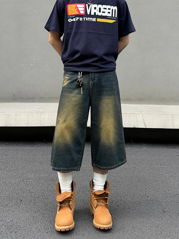 Niche High-grade Washed Distressed Cropped Jeans For Men