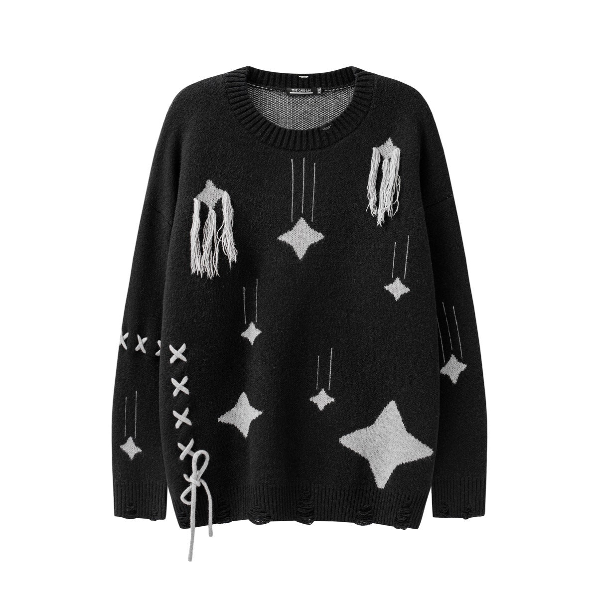 Lace Loose Round Neck Knitted Ripped Sweater
