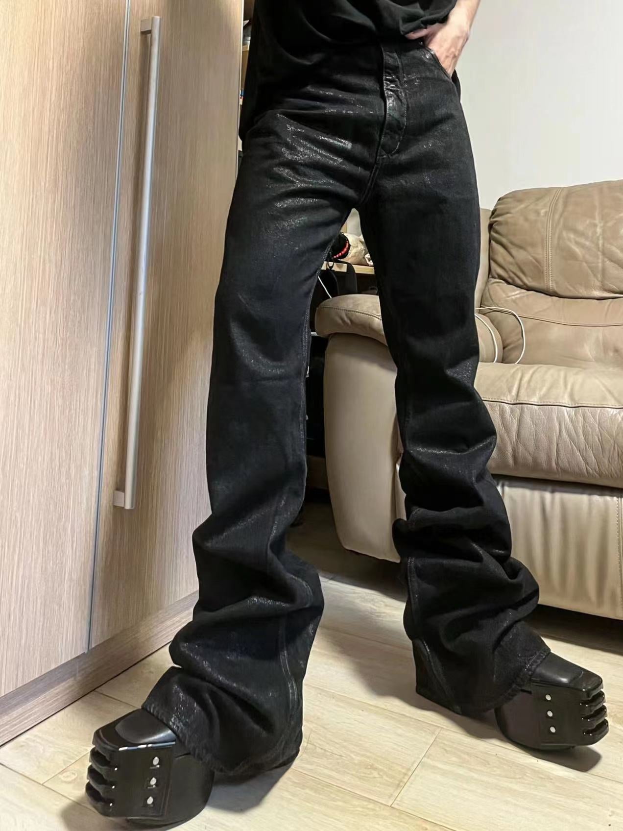 Dark Brush Wax Coated Pure Black High Elastic Ribbon Jeans