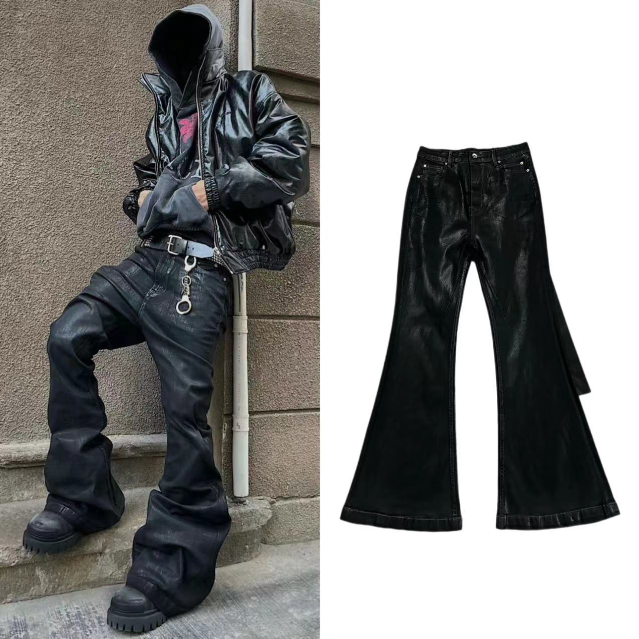 Dark Brush Wax Coated Pure Black High Elastic Ribbon Jeans