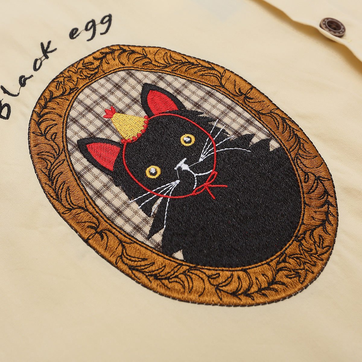 Antique Style Embroidered Cat Lazy Shirt Short Sleeve