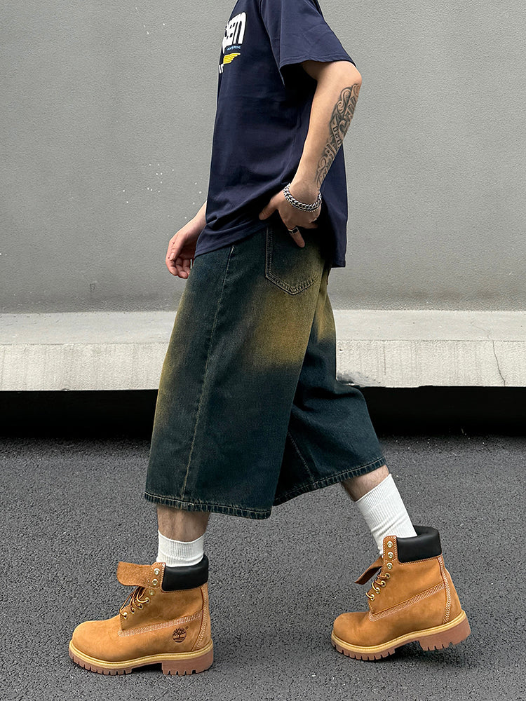 Niche High-grade Washed Distressed Cropped Jeans For Men