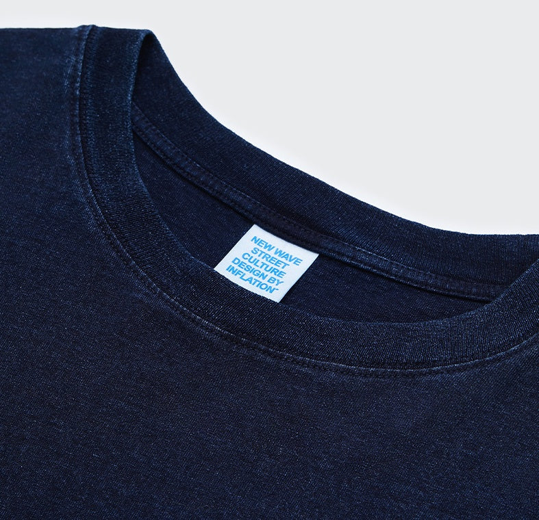 Men's Blue Dyed Knitted Denim Long Sleeve T-shirt Pocket Decoration Wash Water Top