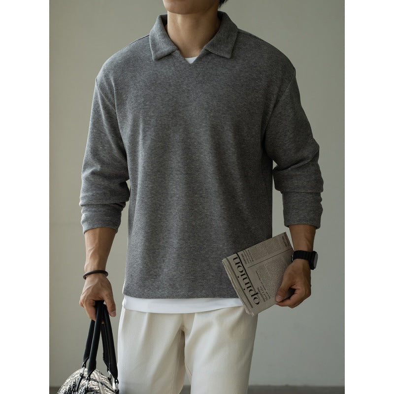 Woolen Drop-shoulder Sleeve V-neck Polo Shirt Men Casual Long Sleeve T-shirt
