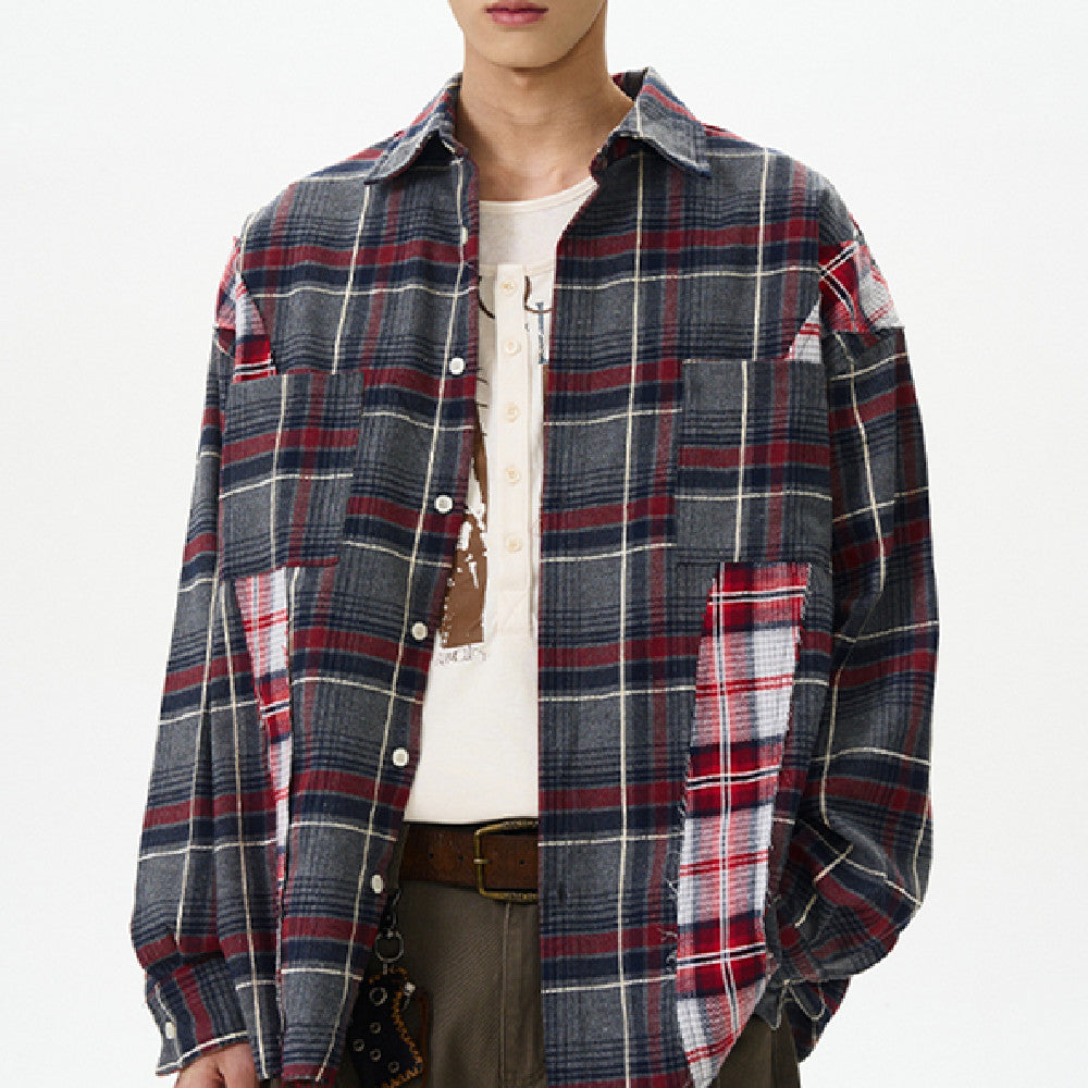 Retro Distressed Patchwork Checkered Long Sleeved Shirt For Men And Women