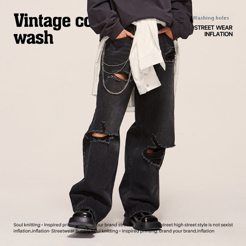 Street Men's Wear Hole Washing Water Wide-leg Jeans