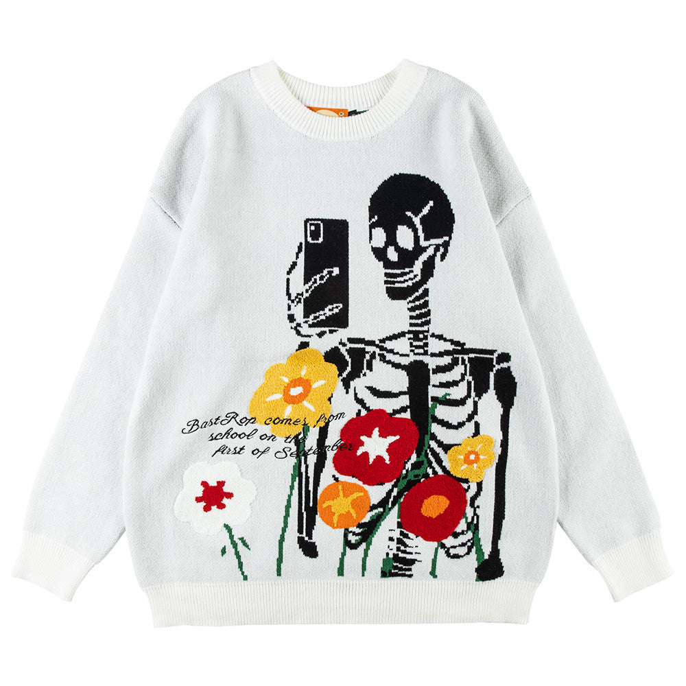 Funny Skull Crew Neck Sweater Embroidery