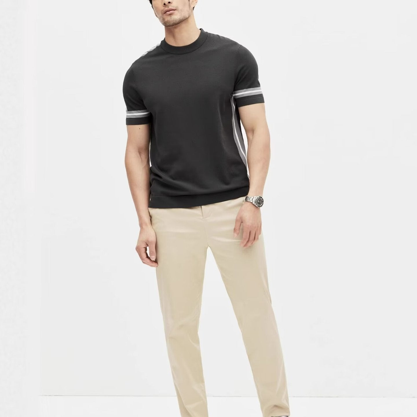 Ice Silk Men's Spliced Stripe Sport Short Sleeve T-shirt Summer New