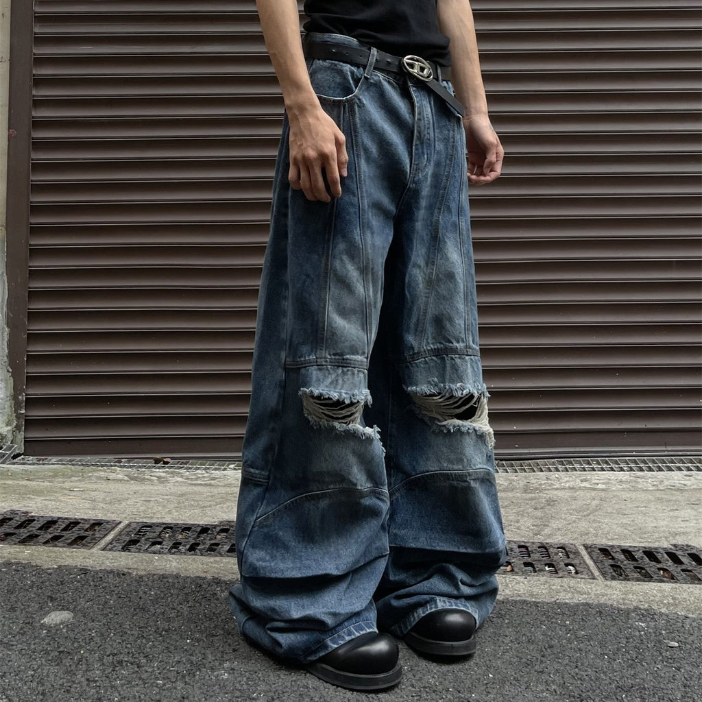 Men's American Distressed A-line Splicing Deconstructed Jeans