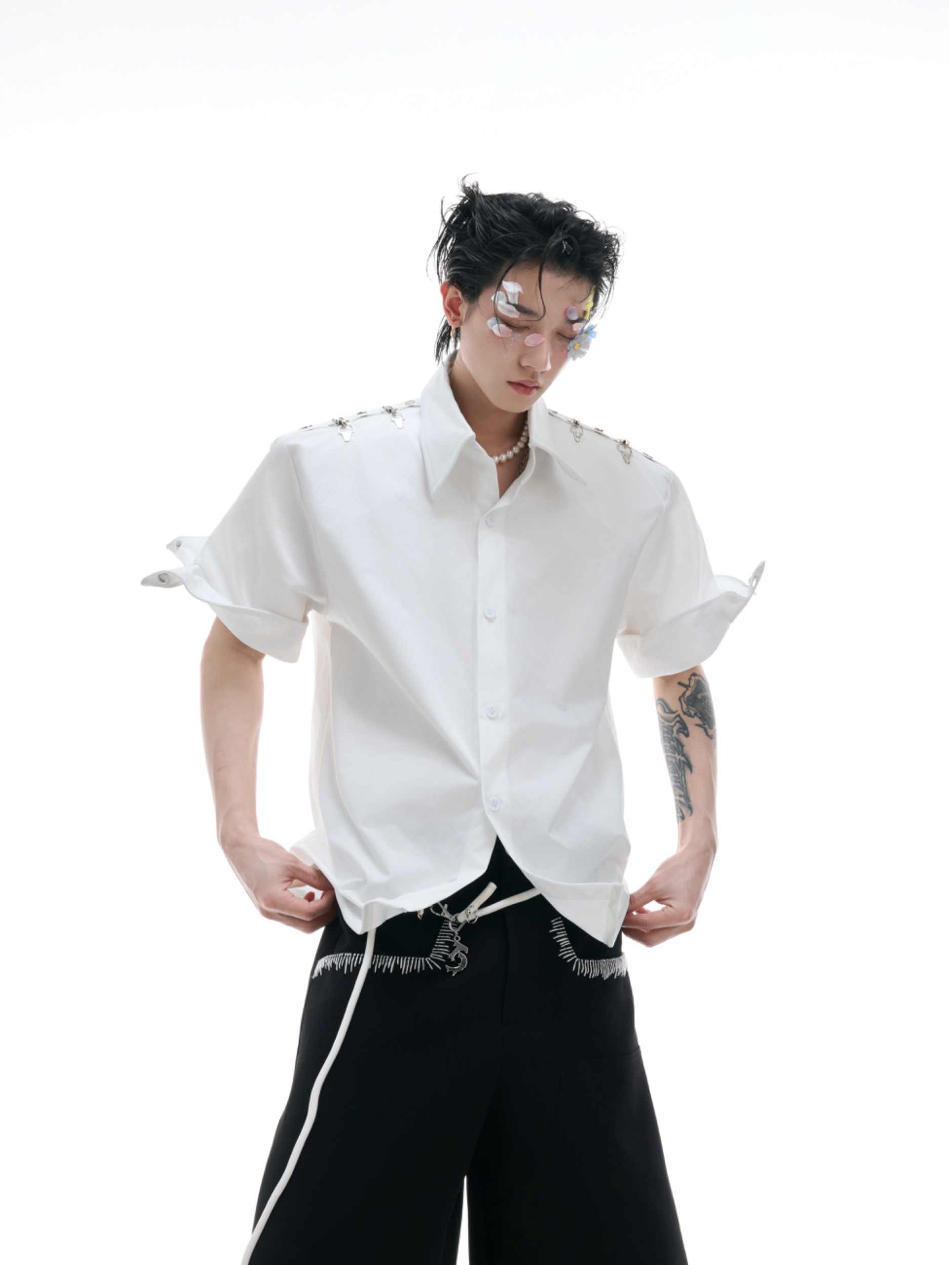 Niche Deconstruction Metal Buckle Design Short Sleeve Shirt Solid Color Simple Loose Cardigan