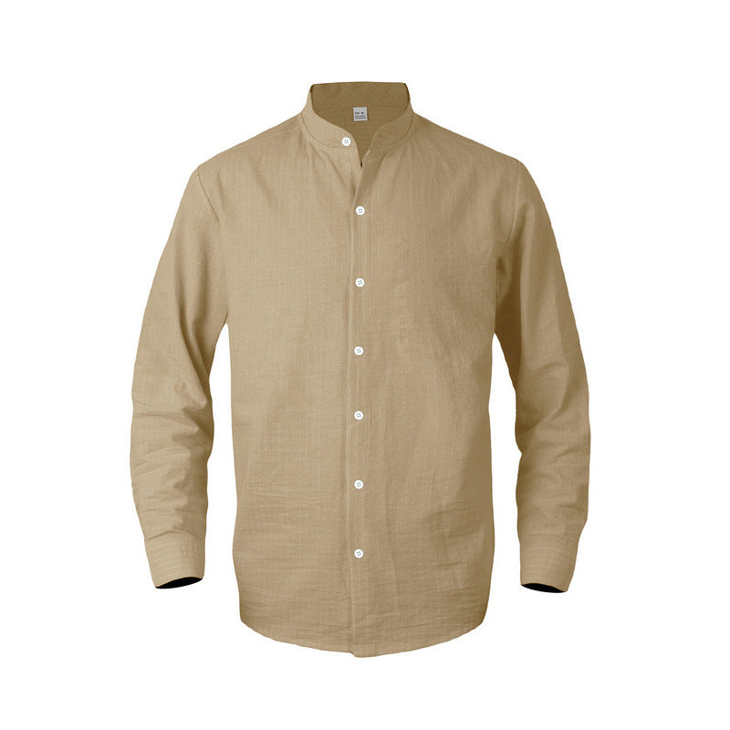 Business Linen Men's Shirt Striped Stand Collar Long Sleeve Cardigan