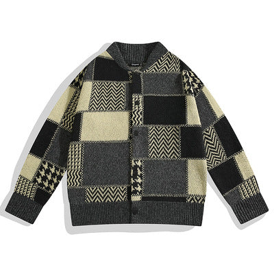 Autumn And Winter Color Matching Plaid Cardigan Knitted Sweater Men