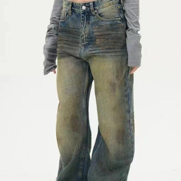 American Retro Pu Shuai Washed And Worn Jeans