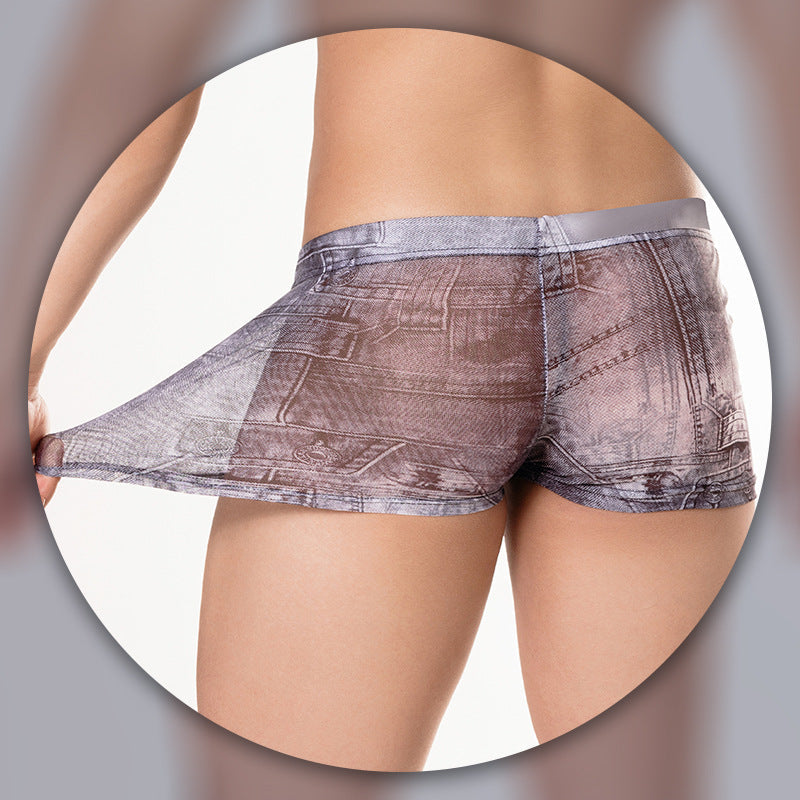 Men's Lightweight High Denim Printing Low Waist Boxer Briefs