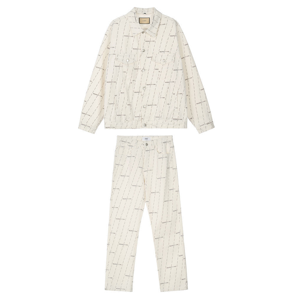 Letter Full Print Diagonal Stripes Denim Suit
