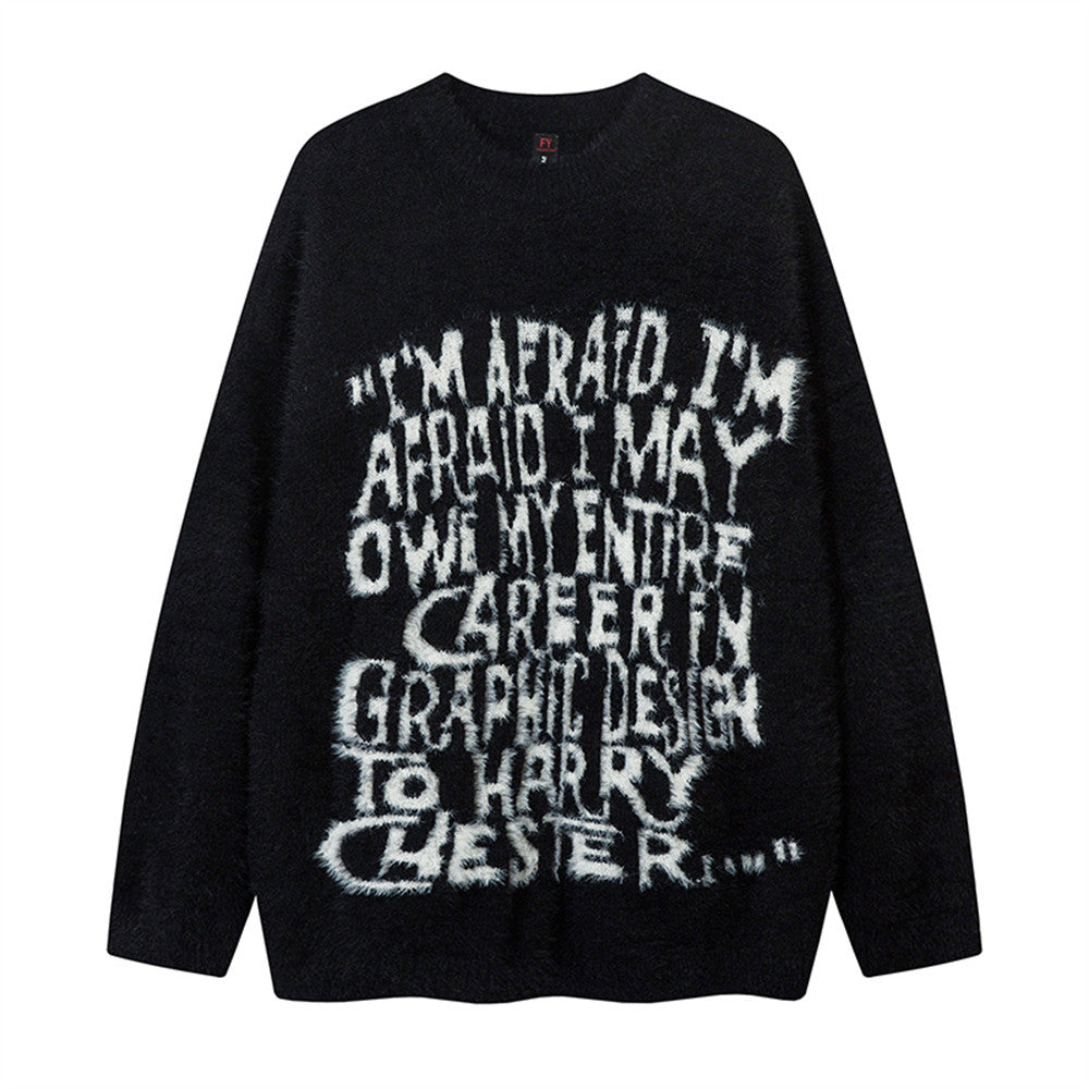 Letter Jacquard Loose Round Neck Sweater