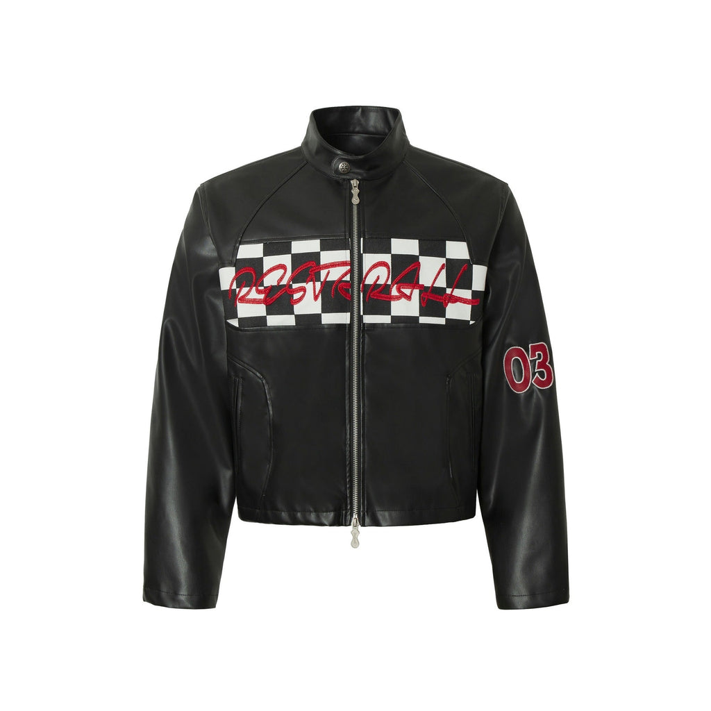 American Retro Plaid Short Stitching Leather Jacket