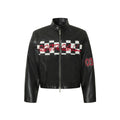 American Retro Plaid Short Stitching Leather Jacket