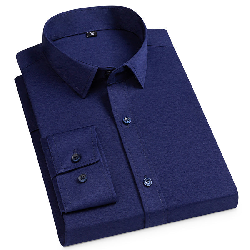 Men's Spring Long Sleeve Solid Color No Pocket Business Casual Stretch Shirt