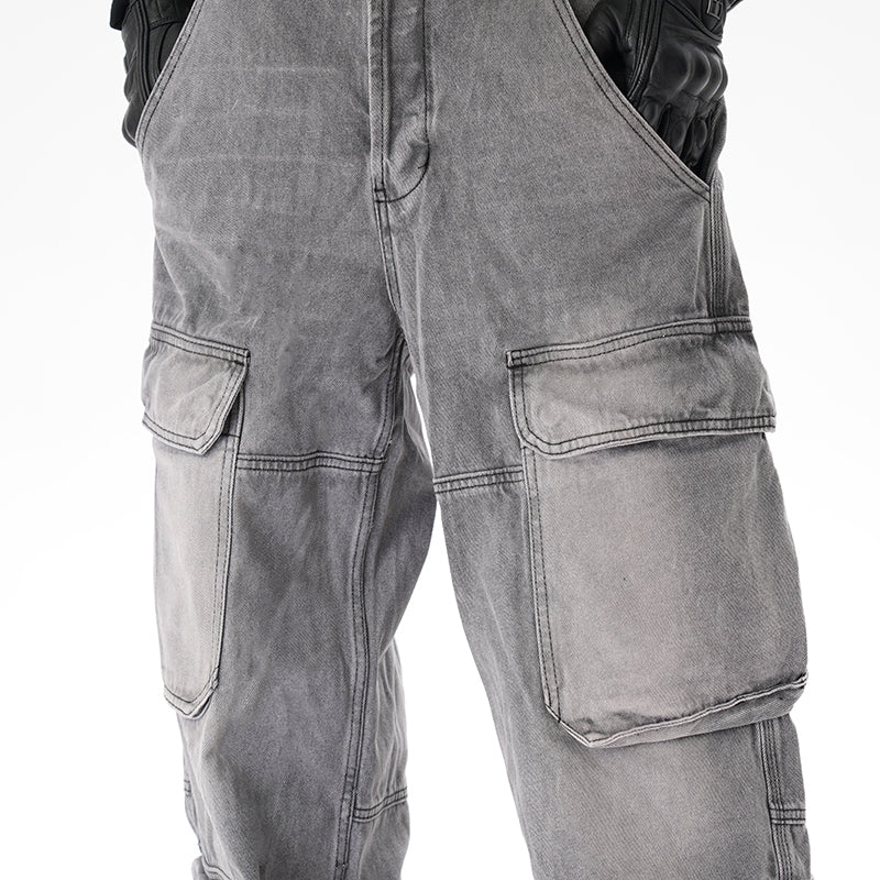 Distressed Multi-pocket Casual Loose Straight-leg Denim Overalls