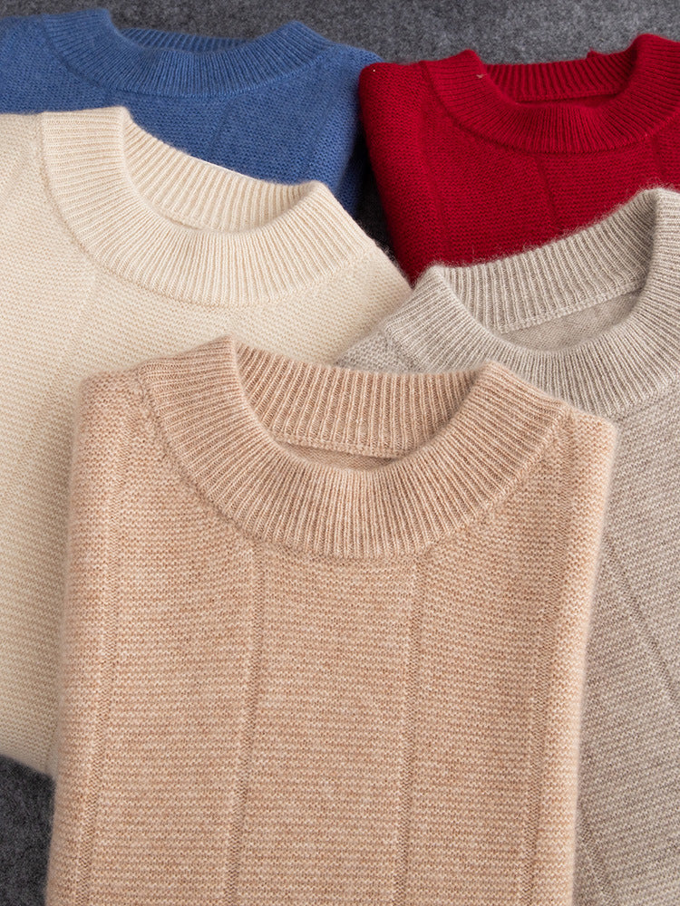 High Sense Autumn And Winter New Cashmere Sweater Men's Round Neck Striped Double Thick Sweater Casual Solid Color Bottoming Shirt