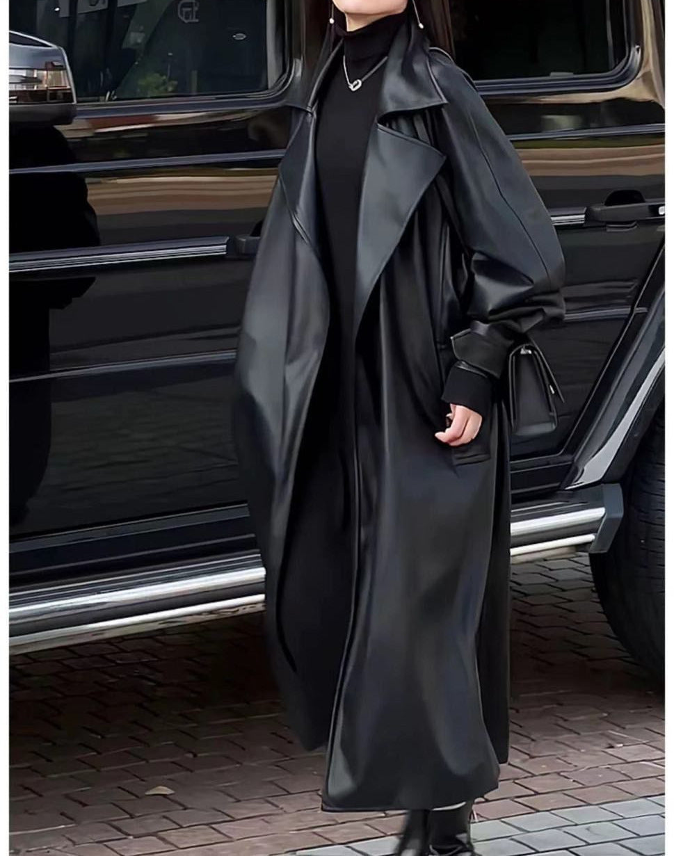 Women's Fashion Temperament Long Below The Knee Leather Coat