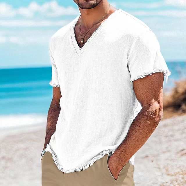 Men's Cotton And Linen Solid Color Short Sleeve