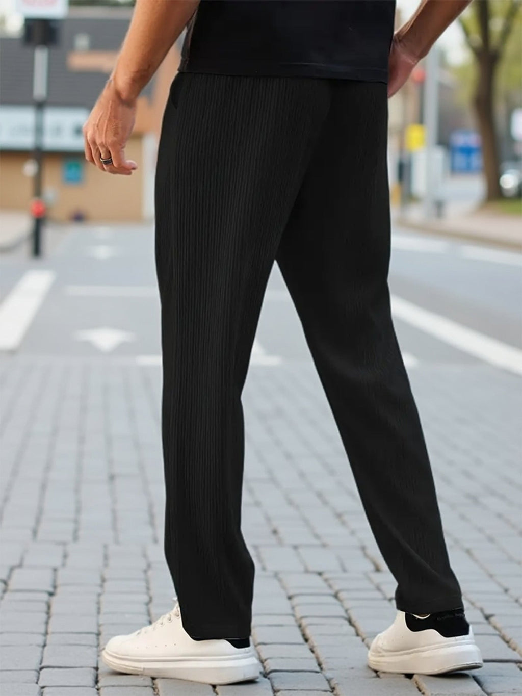 Men's Pleated Plain Color Casual Belt Drawstring And Pocket Spring Ice Feeling Straight-leg Trousers