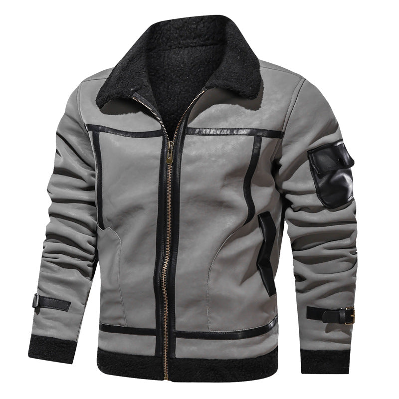 Men's European And American Style Lapel Plus Velvet Leather Jacket