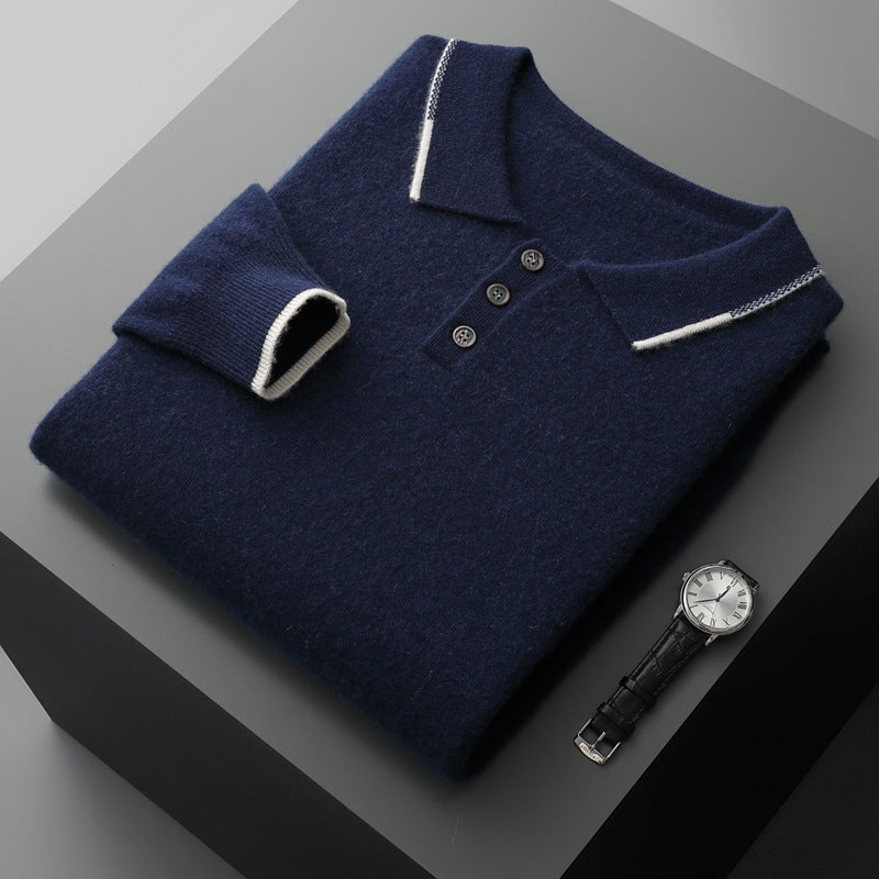 Men's Long Sleeve Polo Collar Casual Fashion Color Block Long Sleeve Knitted Sweater