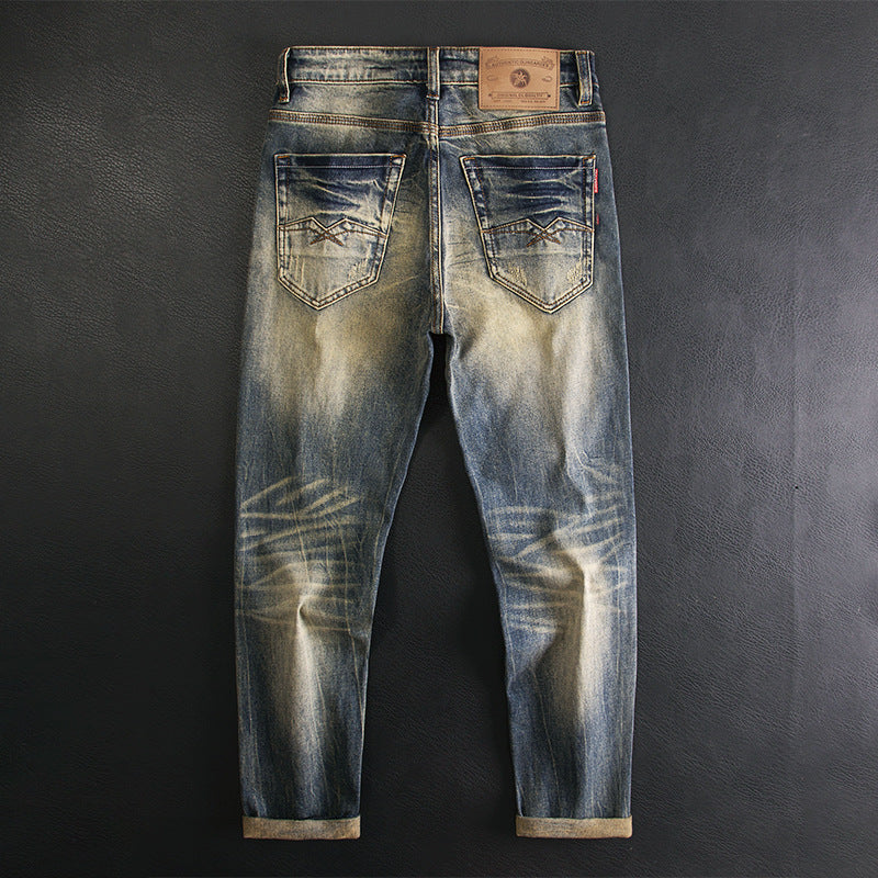 Men's American Retro Nostalgic Washed Slim-fitting Small Straight Stretch Pu Handsome Autumn And Winter Fashion