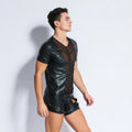 Men's Sexy Patent Leather Tight Short Sleeve Stage Nightclub Performance