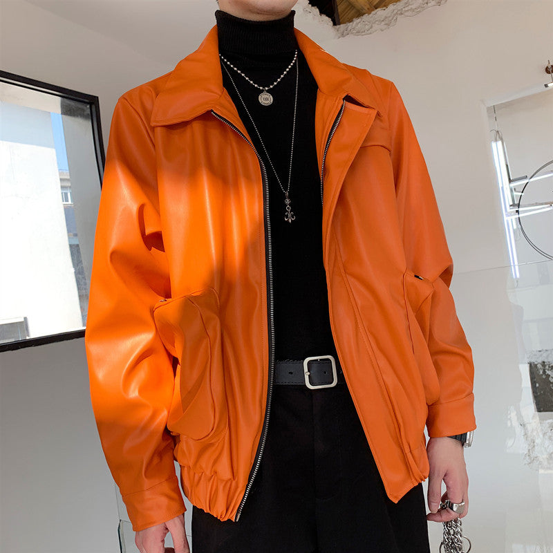 Orange Leather Jacket Men's Loose Outline Three-dimensional Big Pocket