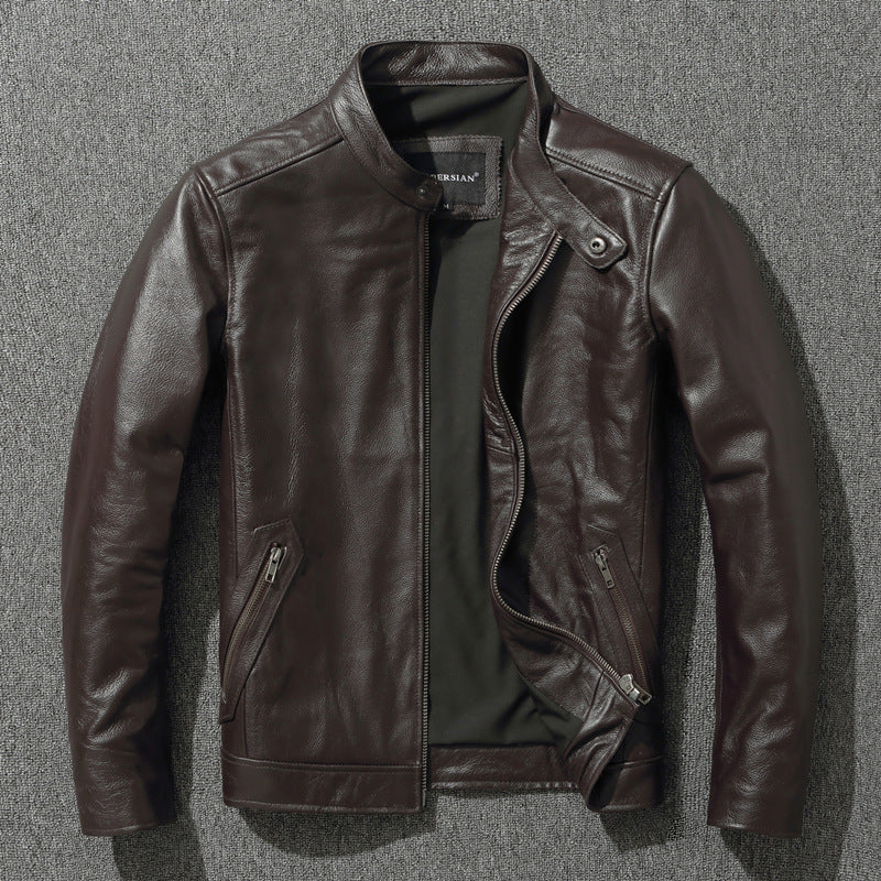 Men's Stand Collar Retro First Layer Cowhide Coat Jacket
